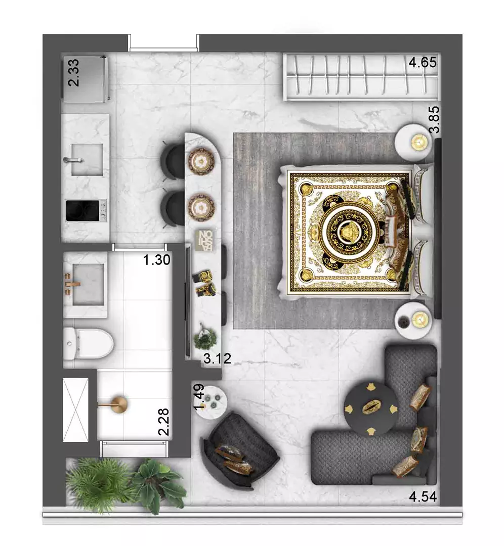 Planta tipo studio 28 m²